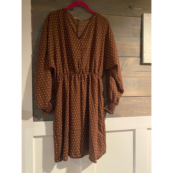 Perfect Peach Brown Mini Dress White Polka Dot Long Sleeve Elastic Waist Large - Picture 3 of 6